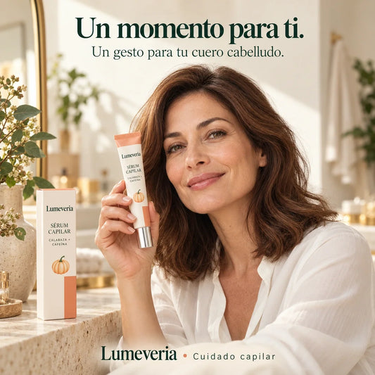 Mujer sosteniendo el sérum capilar Lumeveria en una escena de cuidado personal.