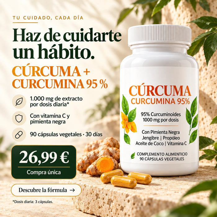 Cúrcuma y curcumina 95 %: bote de 90 cápsulas vegetales, 1.000 mg de extracto por dosis diaria de 3 cápsulas y precio de compra única de 26,99 €.