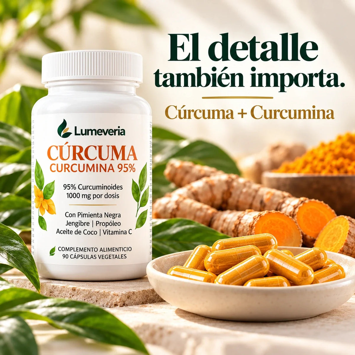 Detalle del bote y las cápsulas de cúrcuma Lumeveria.