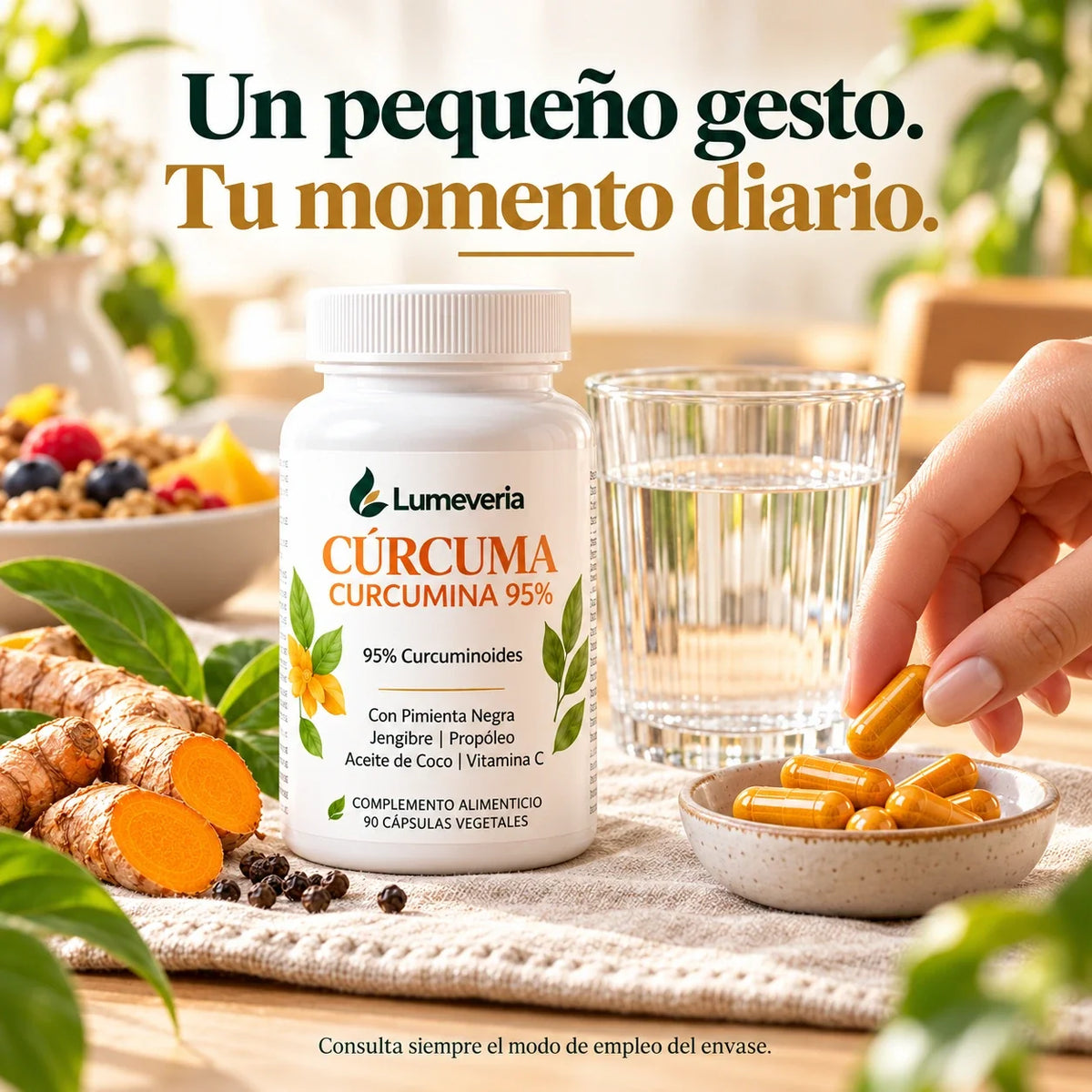 Rutina de desayuno con cápsulas de cúrcuma Lumeveria y un vaso de agua.