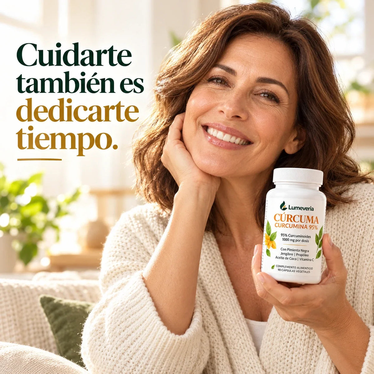 Mujer sosteniendo el bote de cúrcuma Lumeveria.