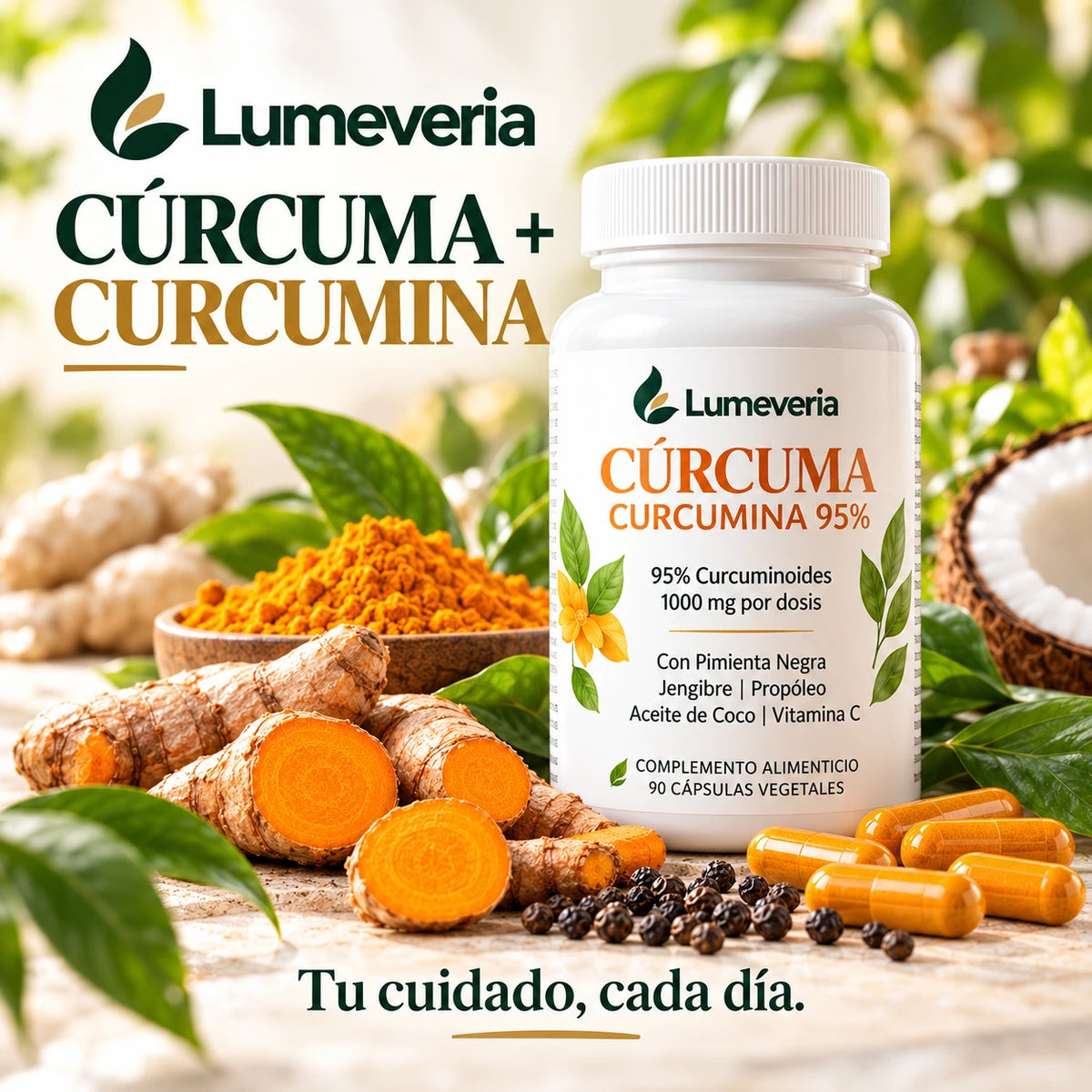 Lumeveria Cúrcuma y Curcumina con bote, raíces y cápsulas.