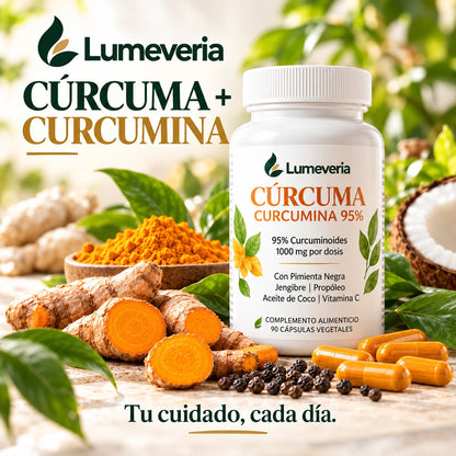 Lumeveria Cúrcuma y Curcumina con bote, raíces y cápsulas.