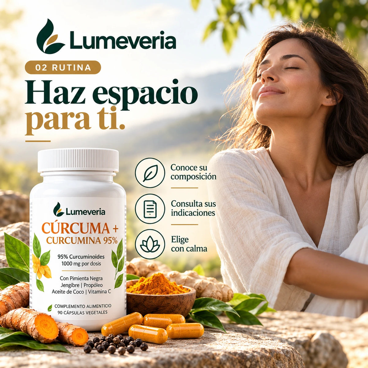 Bote de Lumeveria junto a una mujer al aire libre.