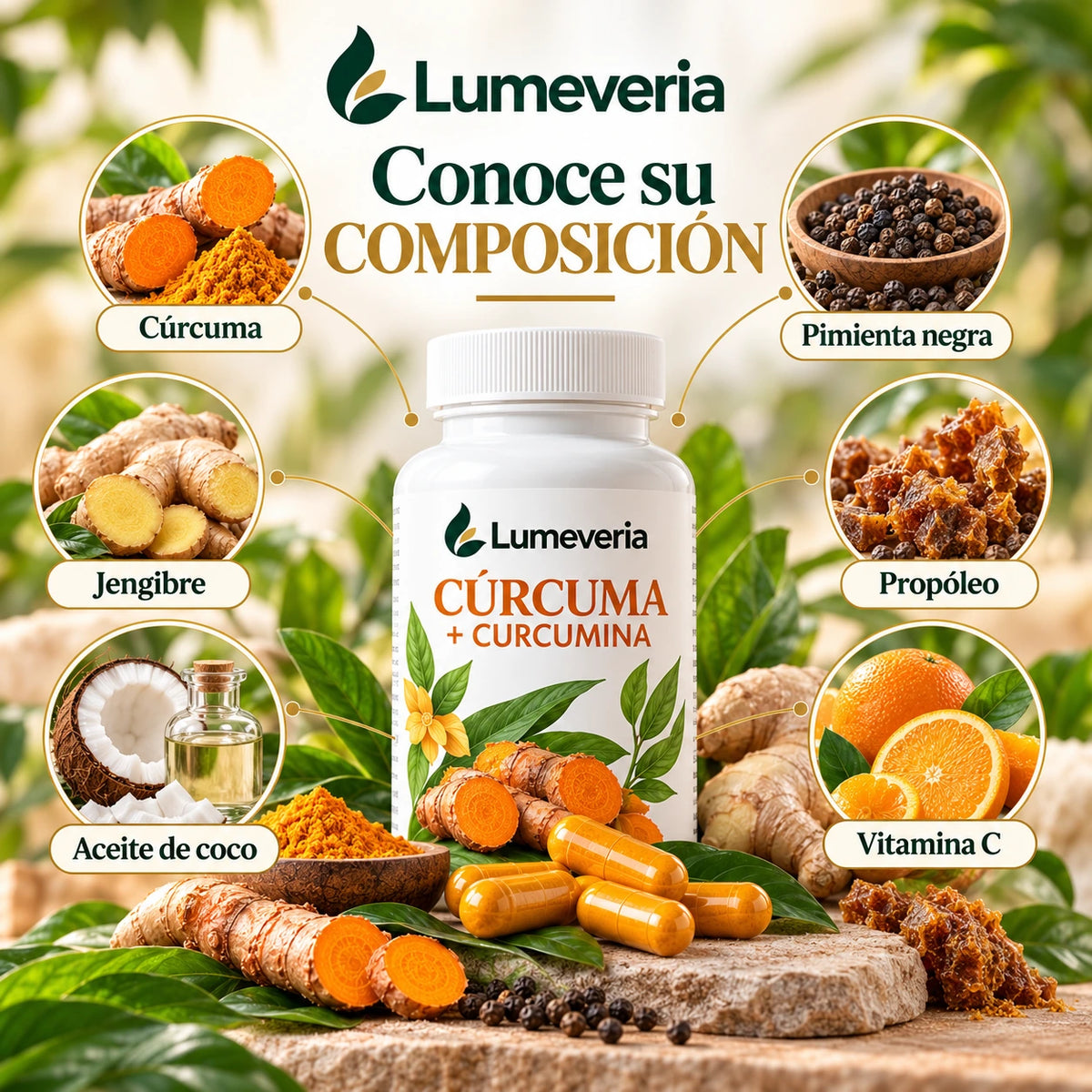 Composición de Lumeveria con cúrcuma, pimienta negra, jengibre, propóleo, aceite de coco y vitamina C.