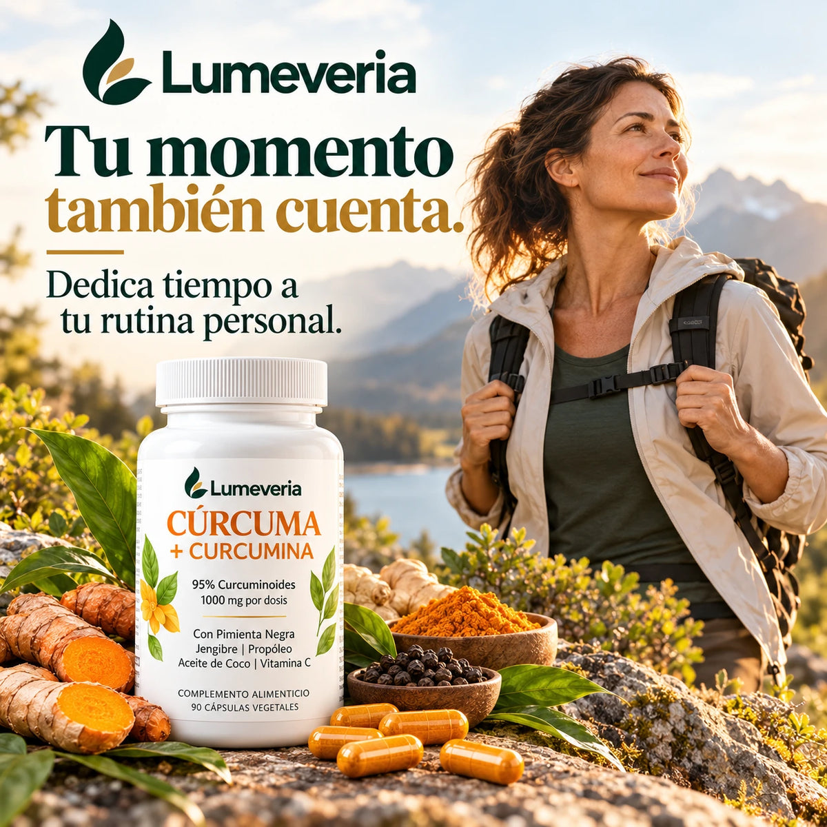 Cápsulas Lumeveria en una composición con una senderista.