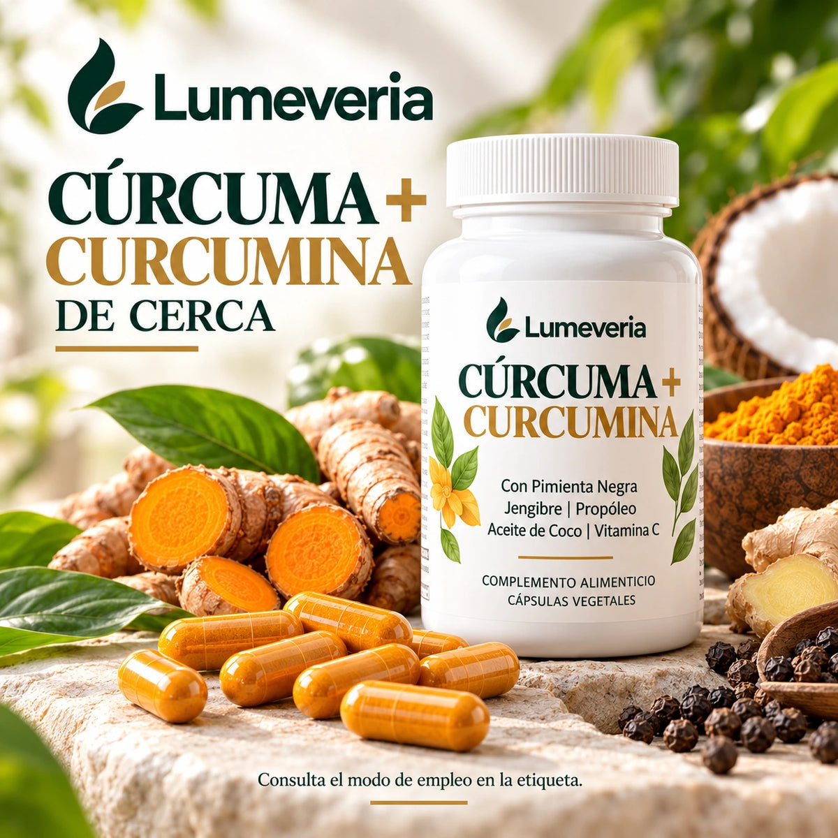 Primer plano de cápsulas de cúrcuma junto al envase de Lumeveria.