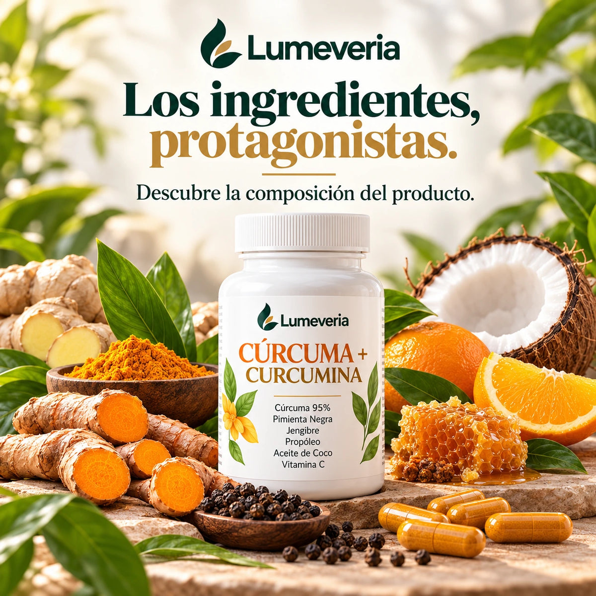 Bodegón del producto Lumeveria con los ingredientes representados.