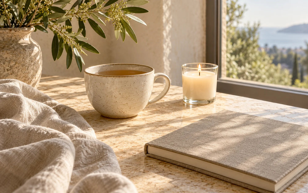 Taza de cerámica, vela encendida y cuaderno sobre una mesa de piedra iluminada por el sol.