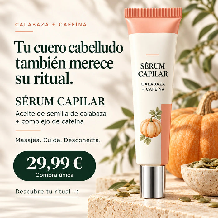 Sérum capilar de calabaza y cafeína: portada comercial con el envase sin marca y precio de compra única de 29,99 €.